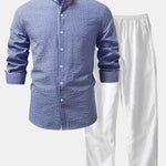 Ensemble — chemise rayée en seersucker à col officier & pantalon en lin à jambe droite