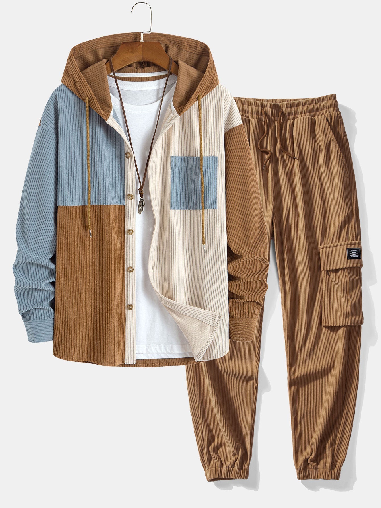 Ensemble — chemise à capuche en velours côtelé color block & pantalon cargo de jogging en velours côtelé à cordon