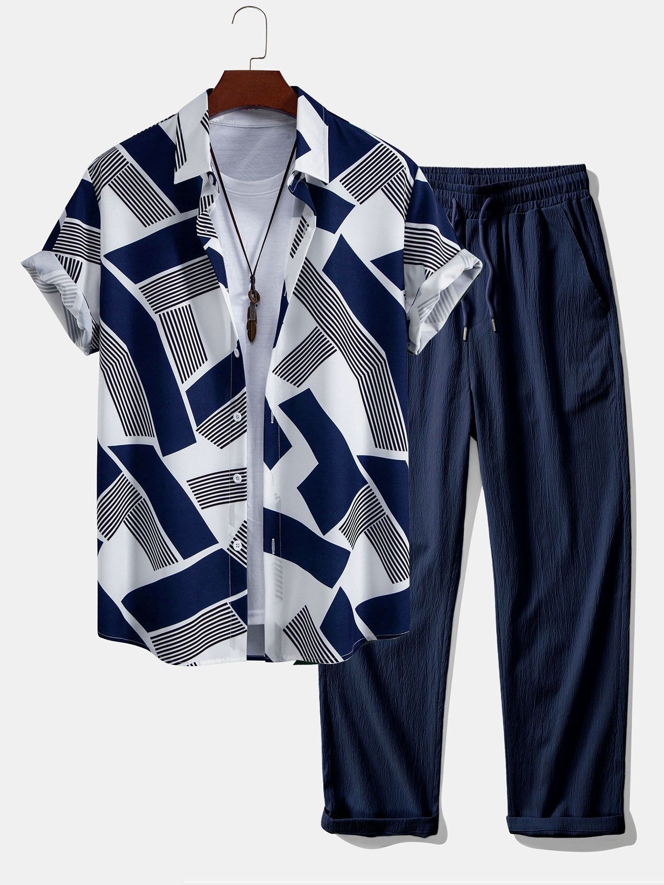 Ensemble — chemise à imprimé géométrique color block & pantalon texturé froissé