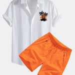 Ensemble — chemise en lin et coton à imprimé palmiers au coucher du soleil & short de bain