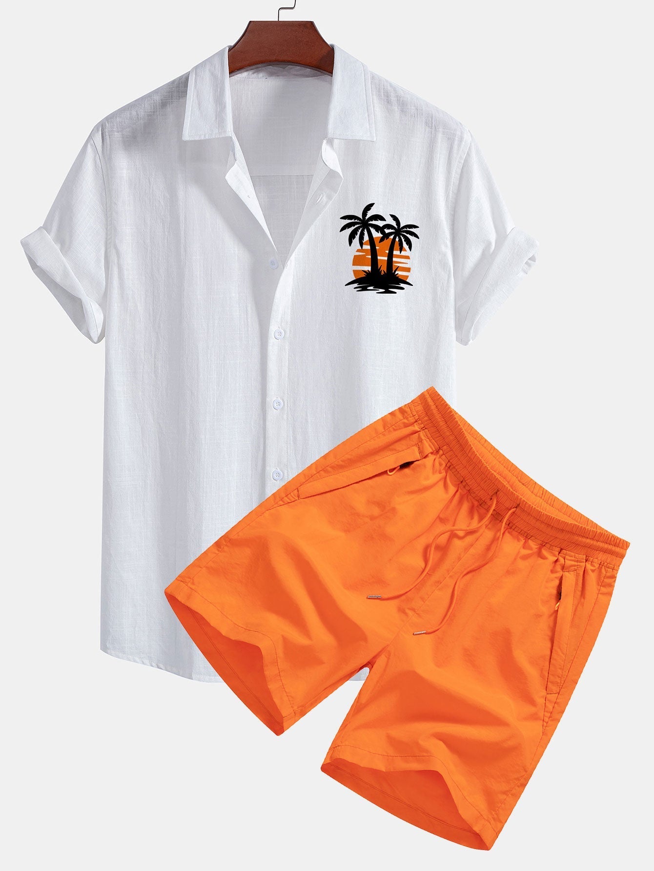Ensemble — chemise en lin et coton à imprimé palmiers au coucher du soleil & short de bain