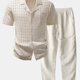 Ensemble — chemise en maille ajourée à carreaux & pantalon en lin à jambe droite