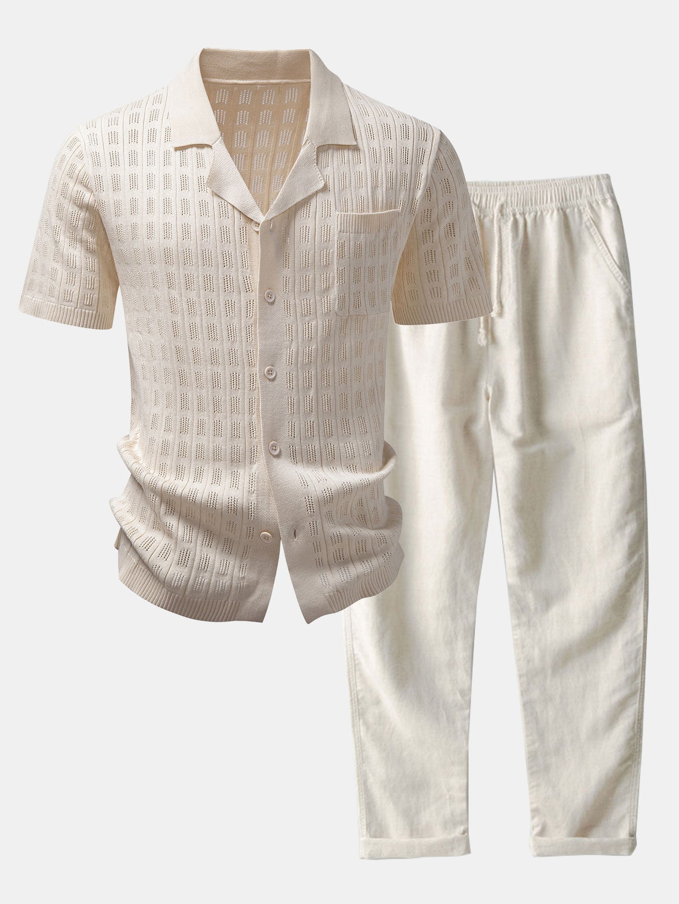 Ensemble — chemise en maille ajourée à carreaux & pantalon en lin à jambe droite
