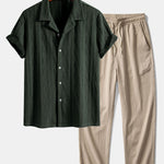 Ensemble — chemise cubaine en maille jacquard à losanges géométriques & pantalon texturé froissé