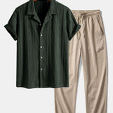 Ensemble — chemise cubaine en maille jacquard à losanges géométriques & pantalon texturé froissé
