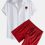Ensemble — chemise en lin et coton à imprimé roses rouges & short de bain
