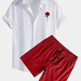 Ensemble — chemise en lin et coton à imprimé roses rouges & short de bain