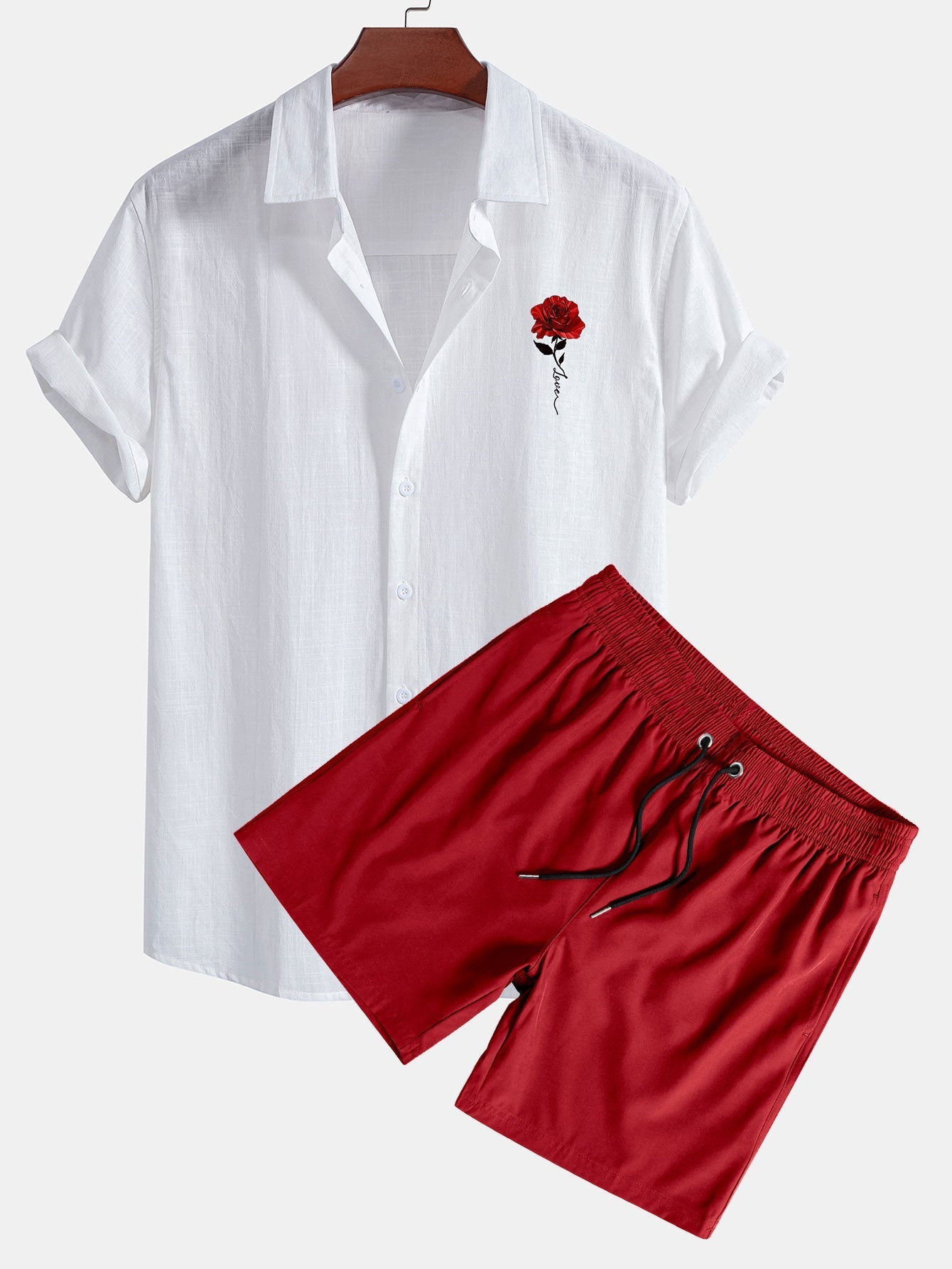 Ensemble — chemise en lin et coton à imprimé roses rouges & short de bain