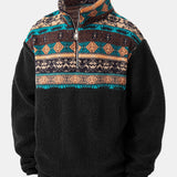 Ensemble — sweat en laine teddy à col zippé et patchwork géométrique ethnique & pantalon de jogging en velours côtelé