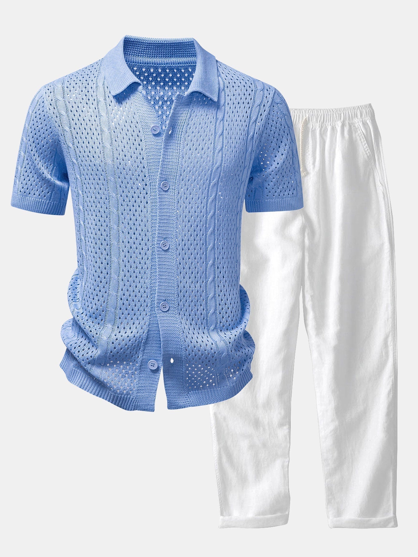 Ensemble — chemise en maille ajourée & pantalon en lin à jambe droite