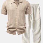 Ensemble — chemise boutonnée en maille jacquard torsadé & pantalon en lin à jambe droite
