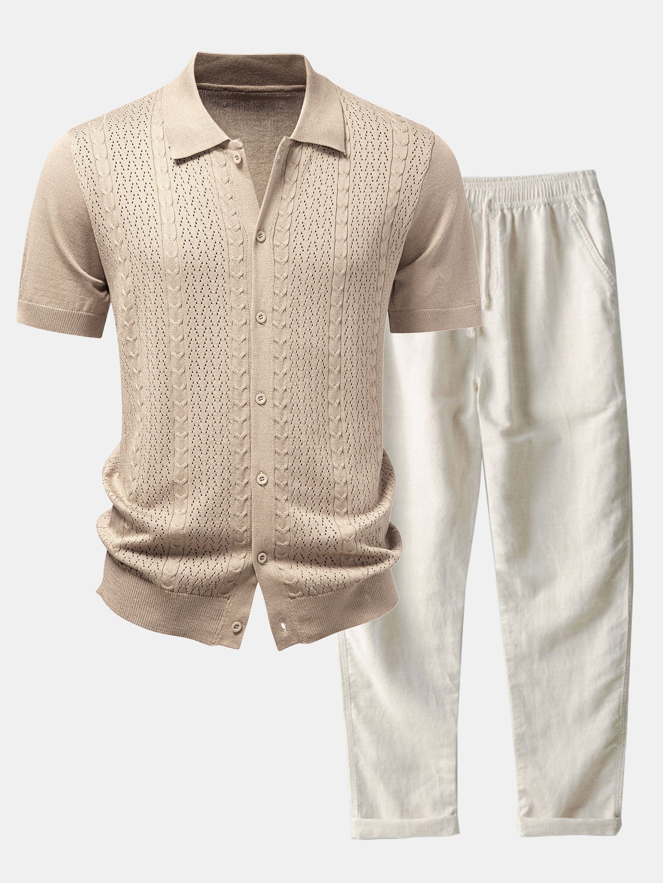 Ensemble — chemise boutonnée en maille jacquard torsadé & pantalon en lin à jambe droite