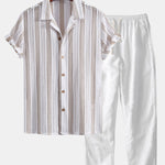Ensemble — chemise cubaine en maille rayée & pantalon en lin à jambe droite