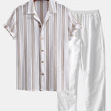 Ensemble — chemise cubaine en maille rayée & pantalon en lin à jambe droite
