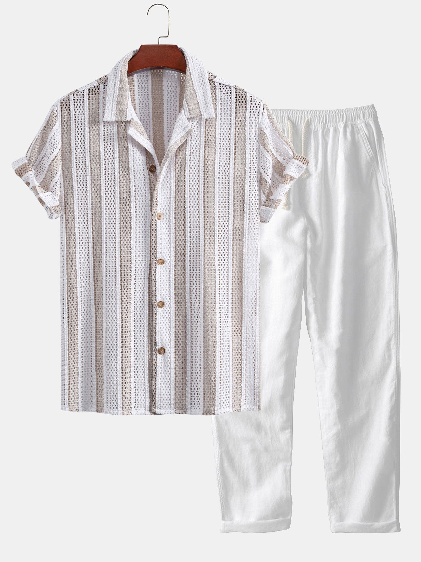 Ensemble — chemise cubaine en maille rayée & pantalon en lin à jambe droite
