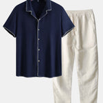 Ensemble — chemise cubaine en lin et viscose à coutures contrastantes & pantalon en lin