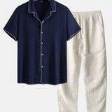 Ensemble — chemise cubaine en lin et viscose à coutures contrastantes & pantalon en lin
