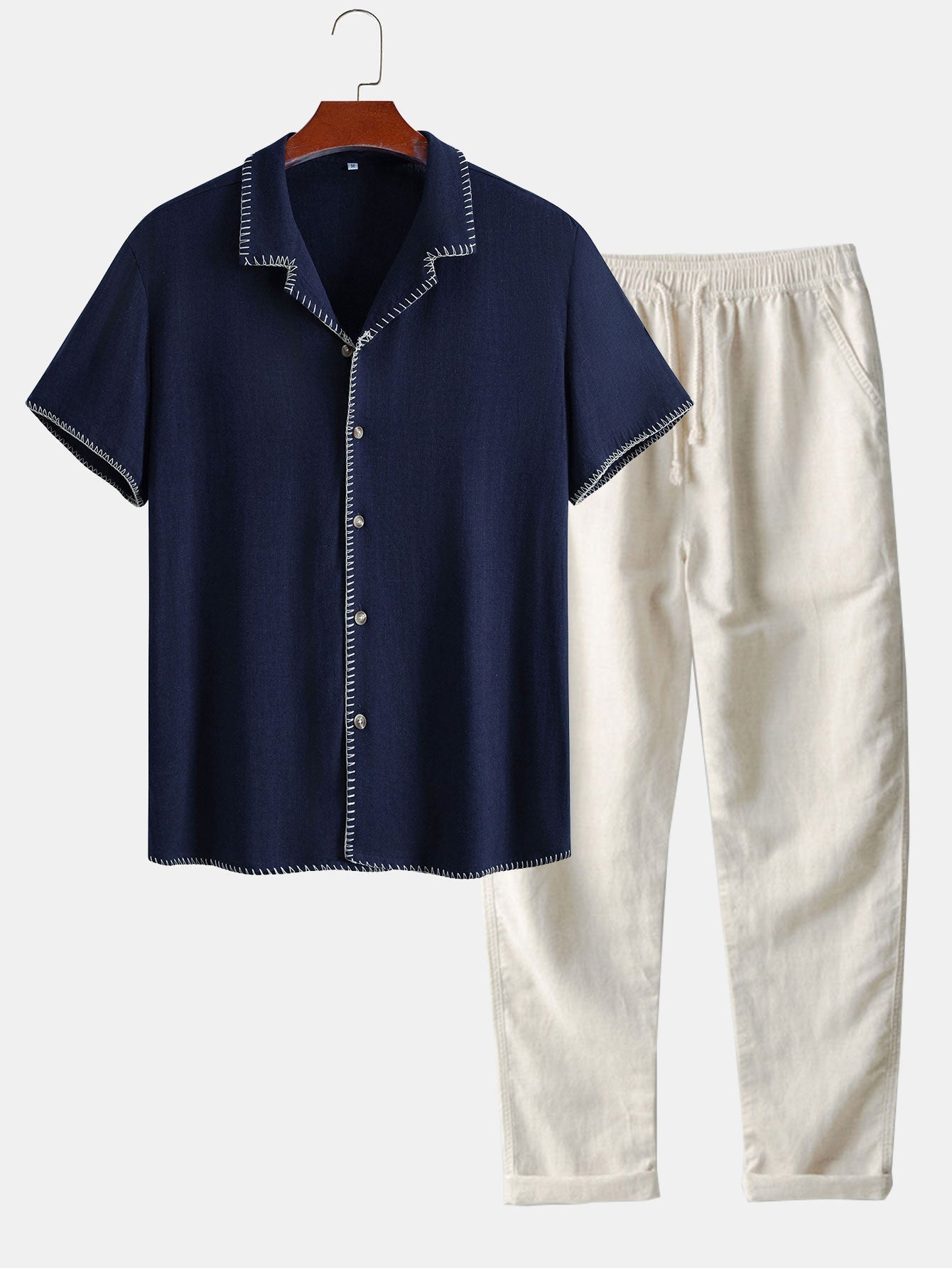 Ensemble — chemise cubaine en lin et viscose à coutures contrastantes & pantalon en lin