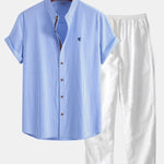 Ensemble — chemise en coton rayé à col officier et manches courtes & pantalon en lin