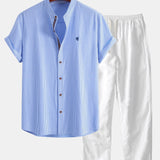 Ensemble — chemise en coton rayé à col officier et manches courtes & pantalon en lin