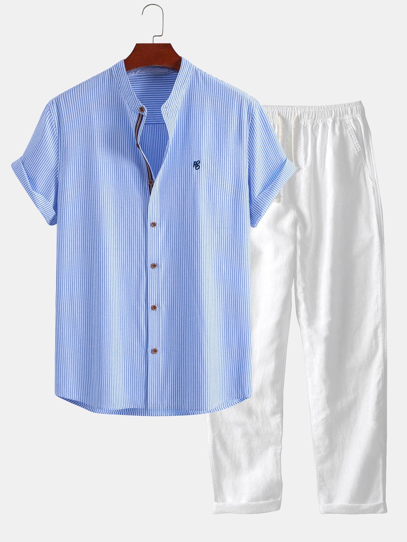 Ensemble — chemise en coton rayé à col officier et manches courtes & pantalon en lin