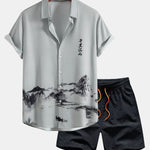 Ensemble — chemise à imprimé montagne et rivière à l'encre & short de bain mi-long à cordon