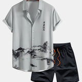 Ensemble — chemise à imprimé montagne et rivière à l'encre & short de bain mi-long à cordon