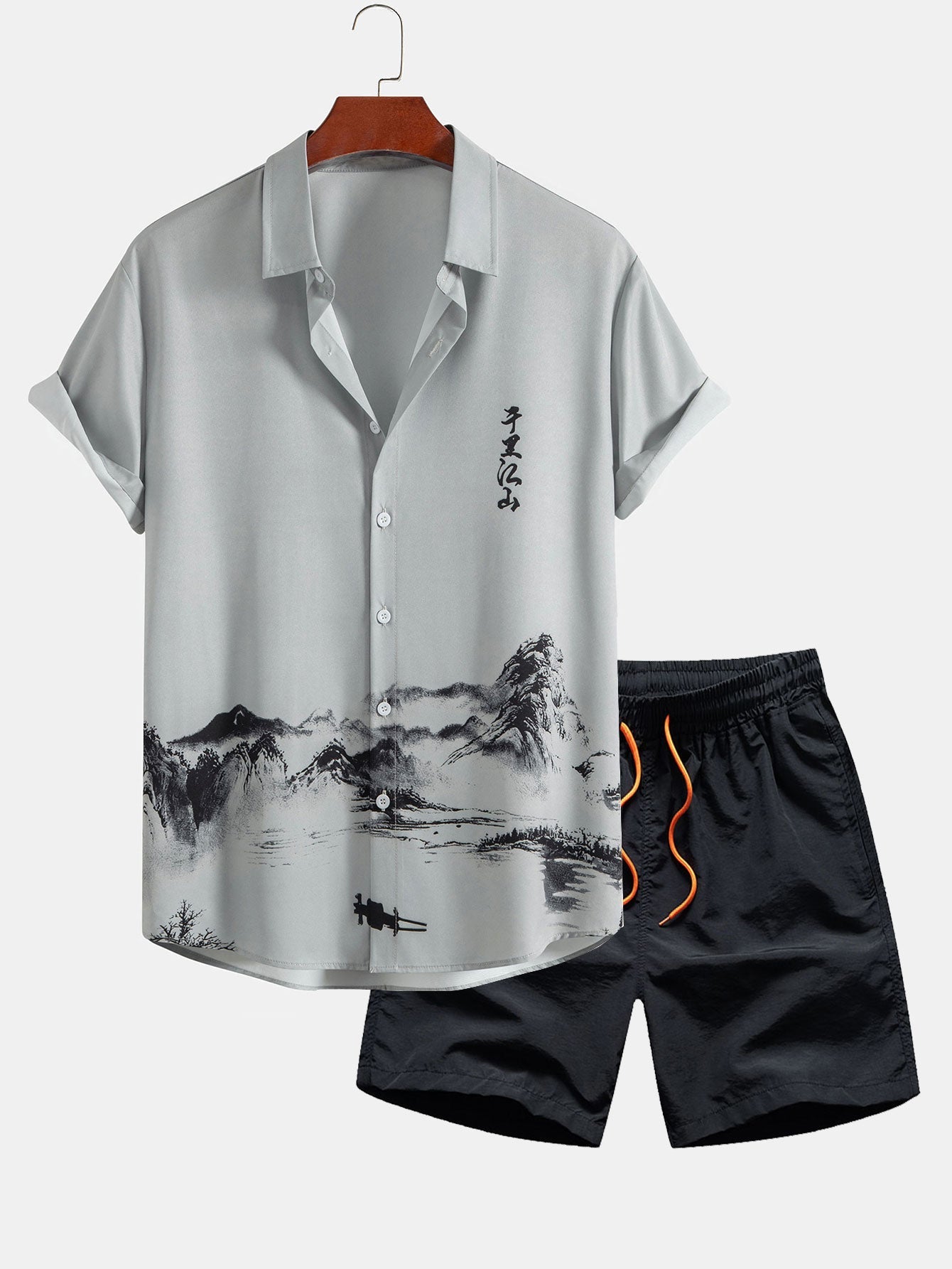 Ensemble — chemise à imprimé montagne et rivière à l'encre & short de bain mi-long à cordon