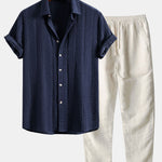Ensemble — chemise jacquard géométrique & pantalon en lin à jambe droite