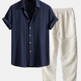 Ensemble — chemise jacquard géométrique & pantalon en lin à jambe droite