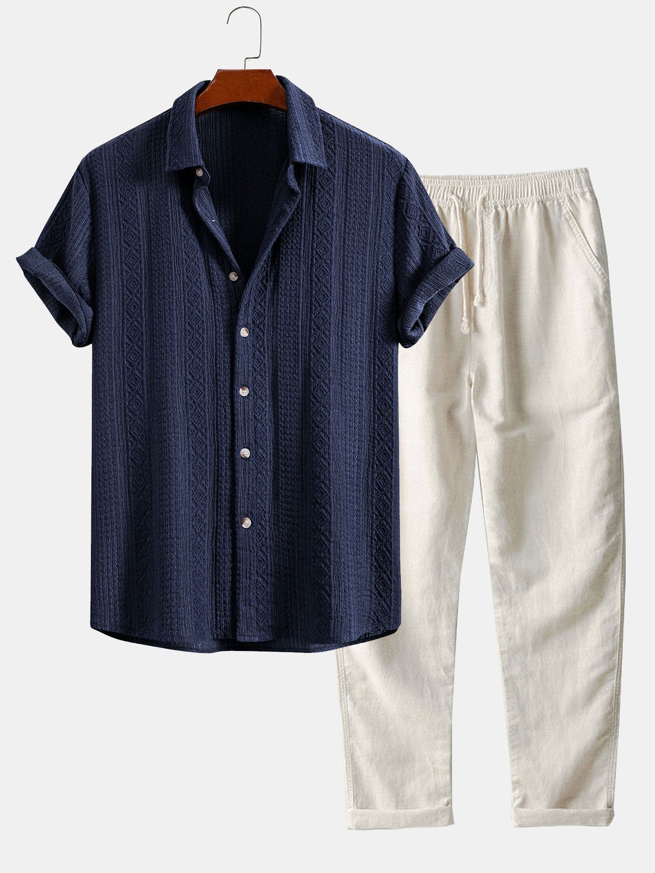 Ensemble — chemise jacquard géométrique & pantalon en lin à jambe droite