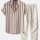 Ensemble — chemise gaufrée rayée & pantalon en lin à jambe droite