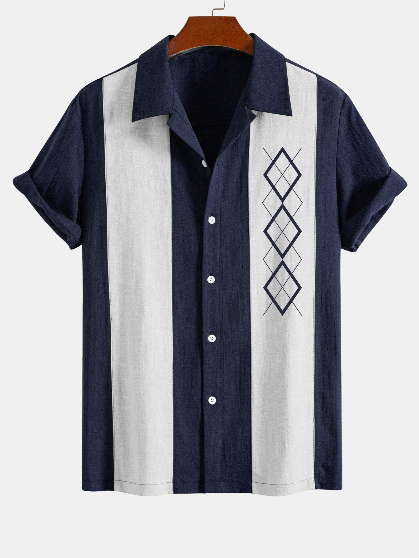 Capucine — Chemise bowling patchwork en lin à imprimé losanges géométriques