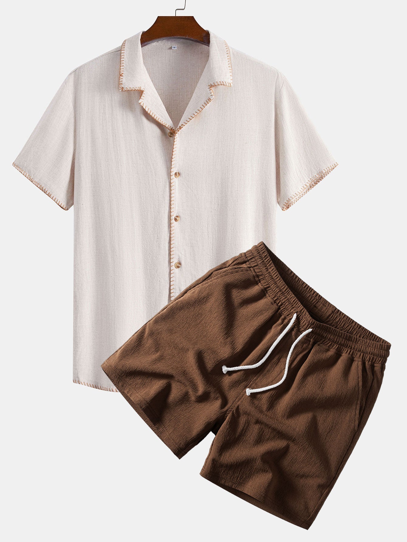 Ensemble — chemise cubaine en lin et viscose à coutures contrastantes & short texturé froissé