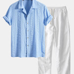 Ensemble Améline — chemise cubaine texturée jacquard géométrique & pantalon en lin à jambe droite