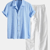 Ensemble Améline — chemise cubaine texturée jacquard géométrique & pantalon en lin à jambe droite