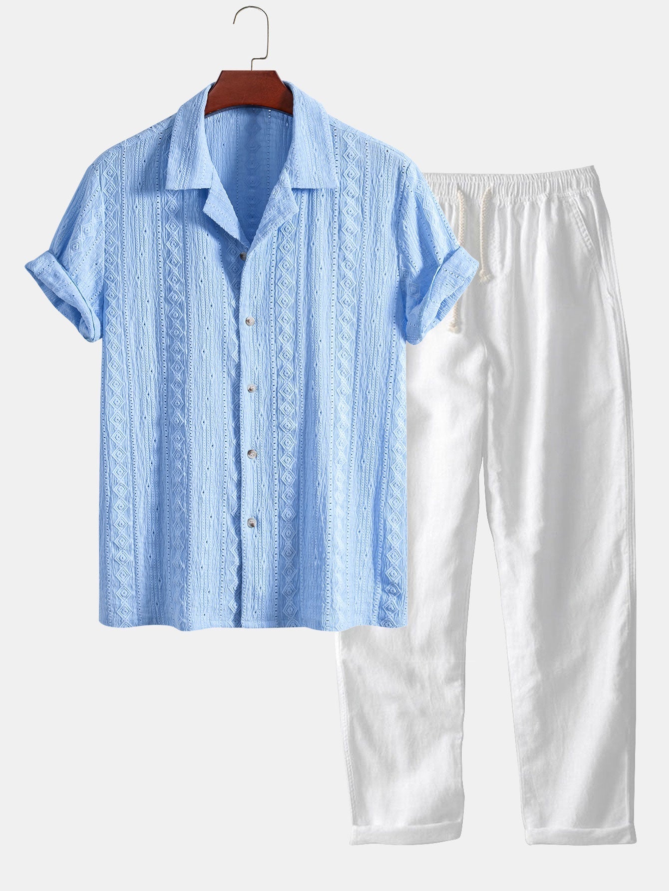 Ensemble Améline — chemise cubaine texturée jacquard géométrique & pantalon en lin à jambe droite