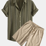 Ensemble — chemise jacquard rayée géométrique & short texturé froissé à cordon