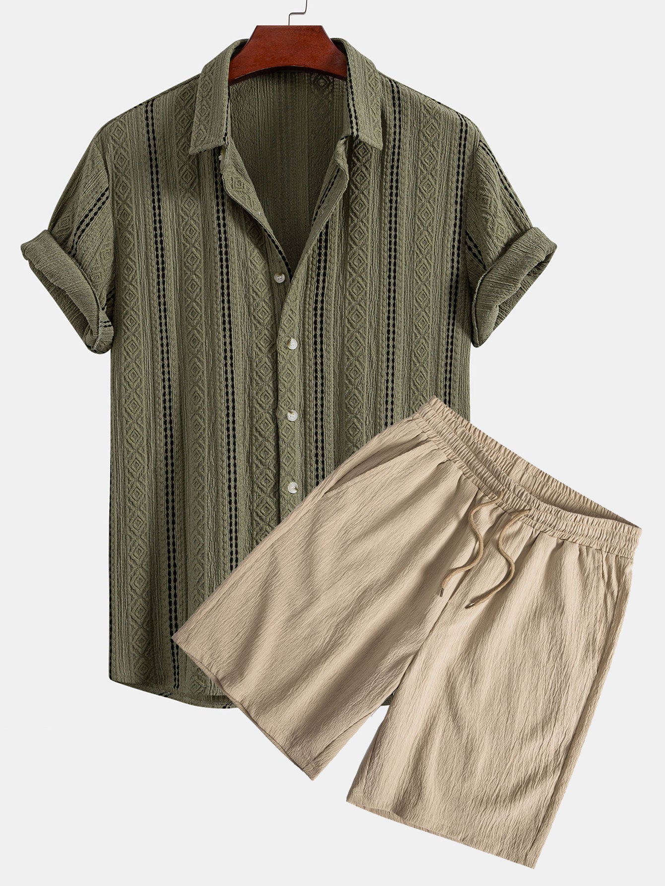 Ensemble — chemise jacquard rayée géométrique & short texturé froissé à cordon