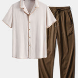 Ensemble — chemise cubaine en lin et viscose à coutures contrastantes & pantalon texturé froissé