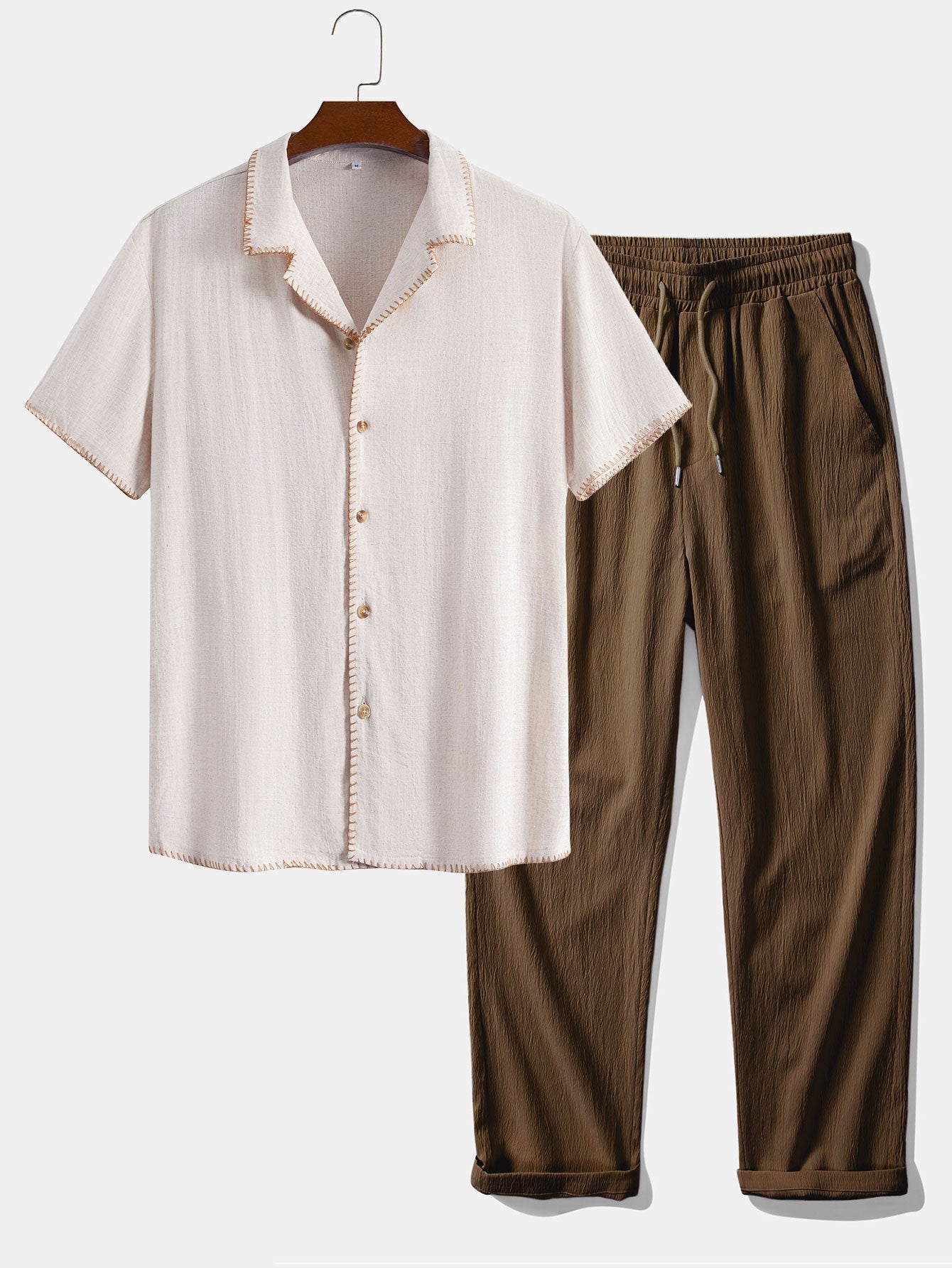 Ensemble — chemise cubaine en lin et viscose à coutures contrastantes & pantalon texturé froissé