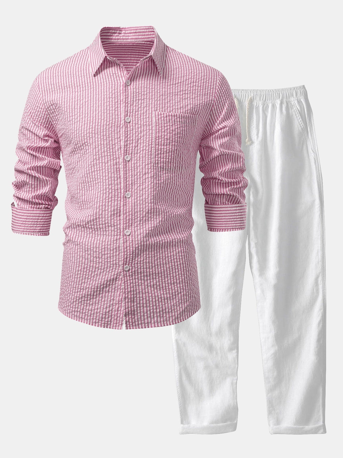 Ensemble — chemise rayée en seersucker & pantalon en lin à jambe droite