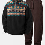 Ensemble — sweat en laine teddy à col zippé et patchwork géométrique ethnique & pantalon de jogging en velours côtelé