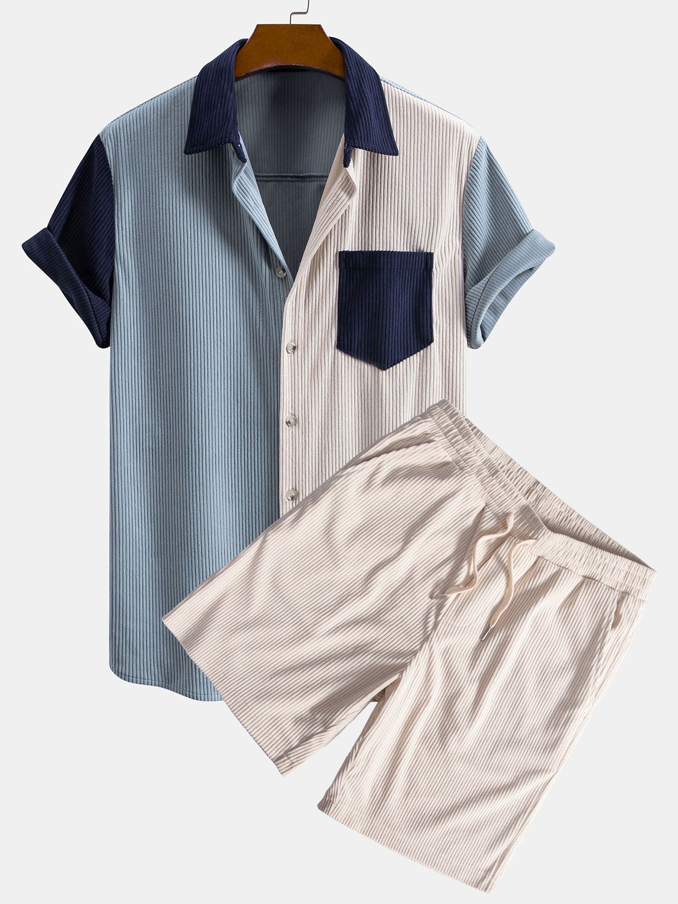 Ensemble — chemise patchwork en velours côtelé à manches courtes & short en velours côtelé à cordon