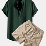 Ensemble — chemise en lin à manches courtes & short texturé froissé à cordon