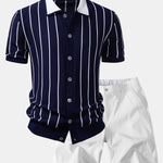Ensemble — chemise boutonnée en maille rayée & short chino à taille élastique