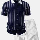 Ensemble — chemise boutonnée en maille rayée & short chino à taille élastique