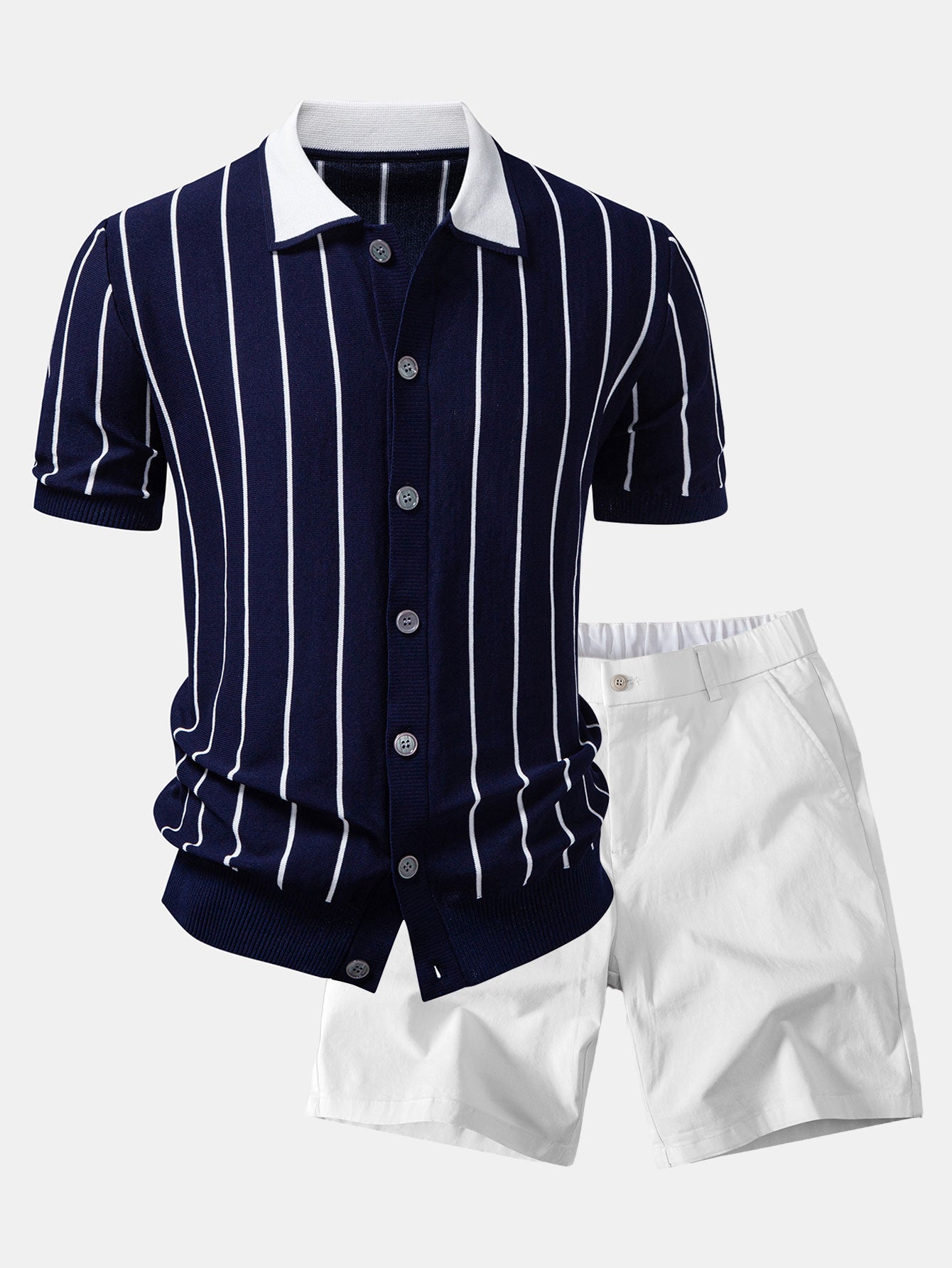 Ensemble — chemise boutonnée en maille rayée & short chino à taille élastique