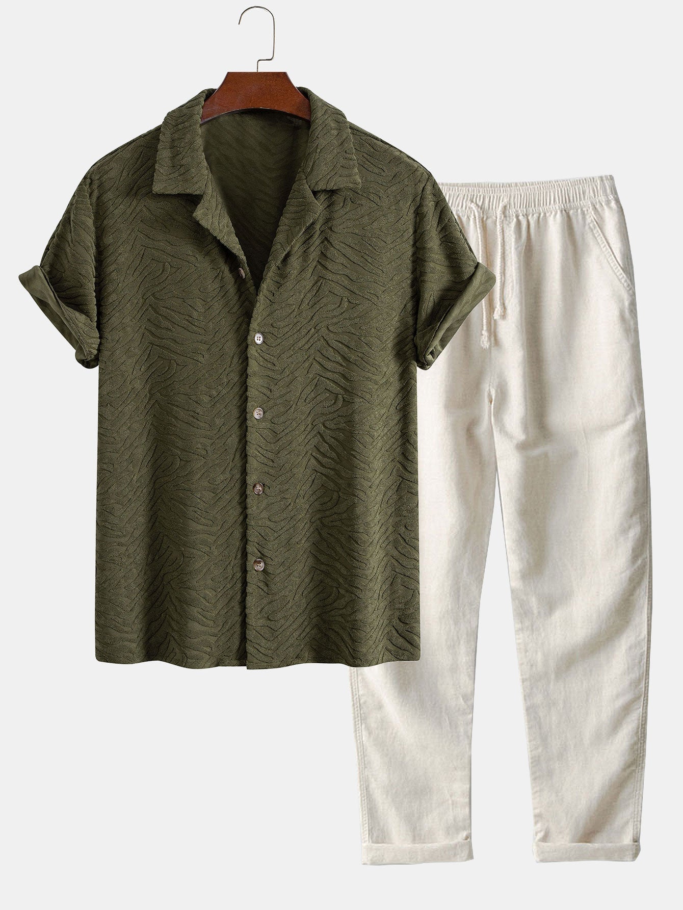 Ensemble — chemise cubaine en éponge à texture animale & pantalon en lin à jambe droite