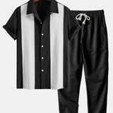 Ensemble — chemise bowling patchwork en lin & pantalon en lin à jambe droite